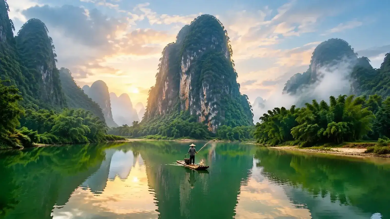 China's dramatic karst mountains and rivers at golden hour